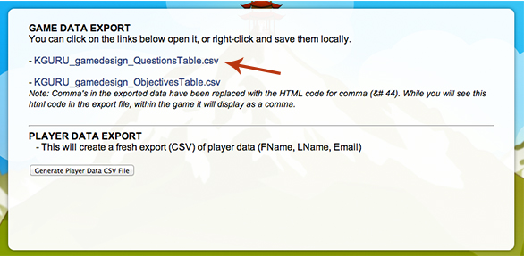 Select "questions table" to access all content from your game.